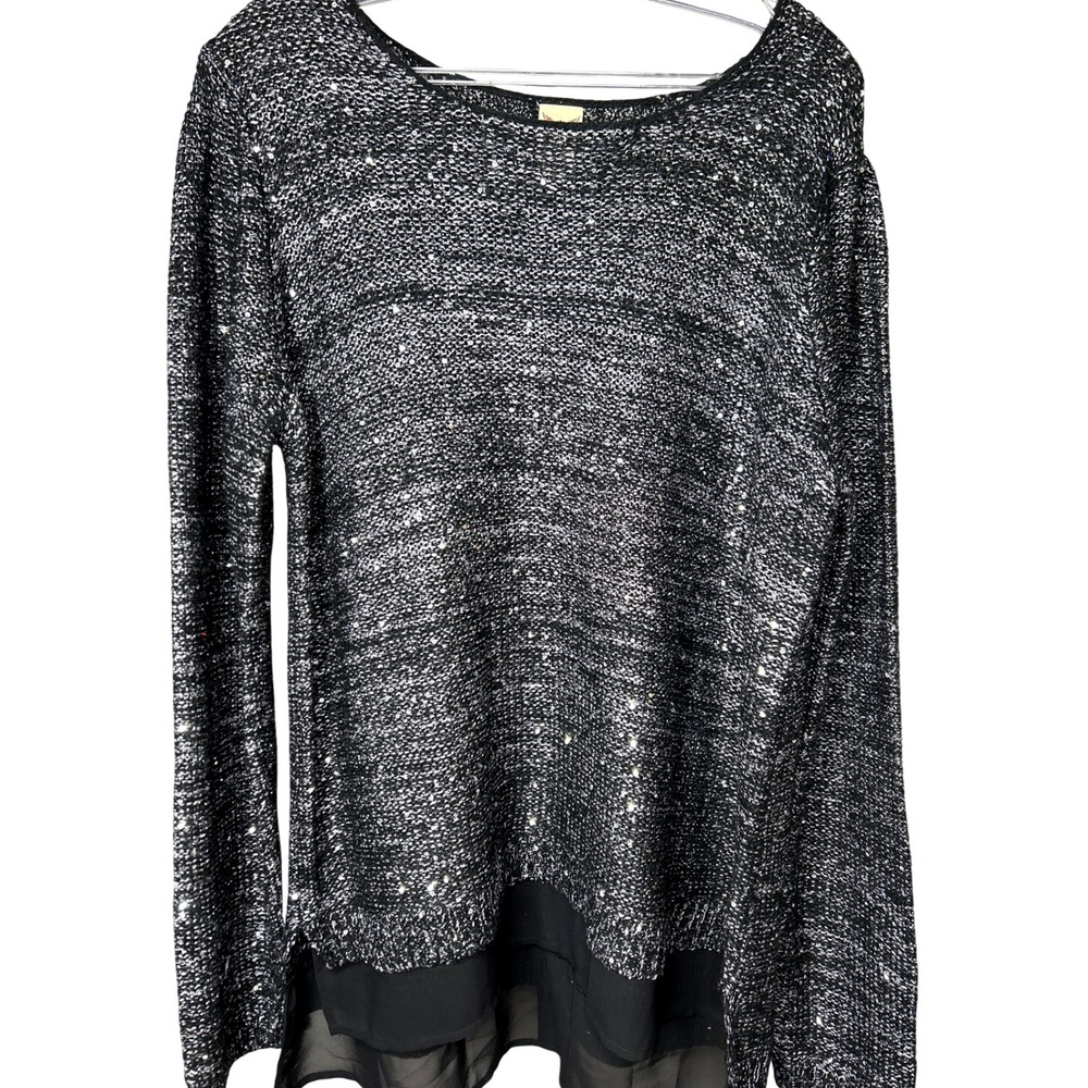 Faded‎ Glory XL(16-18) Black Silver Sparkle Knit Sheer Hem Long Sleeve Sweater
